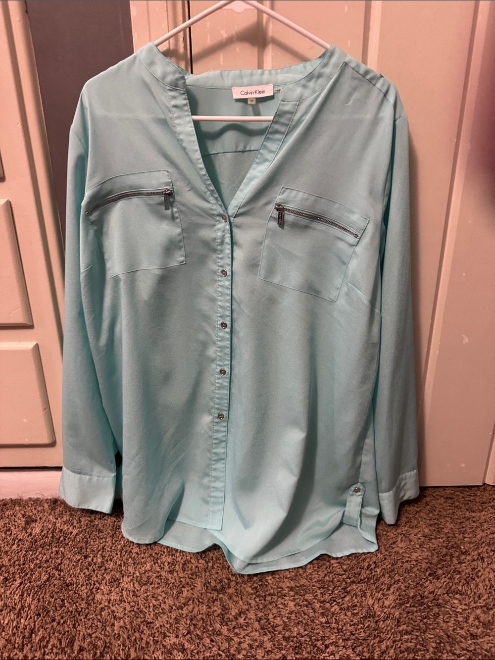 Calvin Klein Light Aqua Button-Front Shirt with Zip Pockets